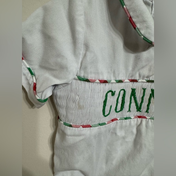 Smocked Round Collar Green & Red Gingham Shortall with Connor Monogram - Picture 7 of 8